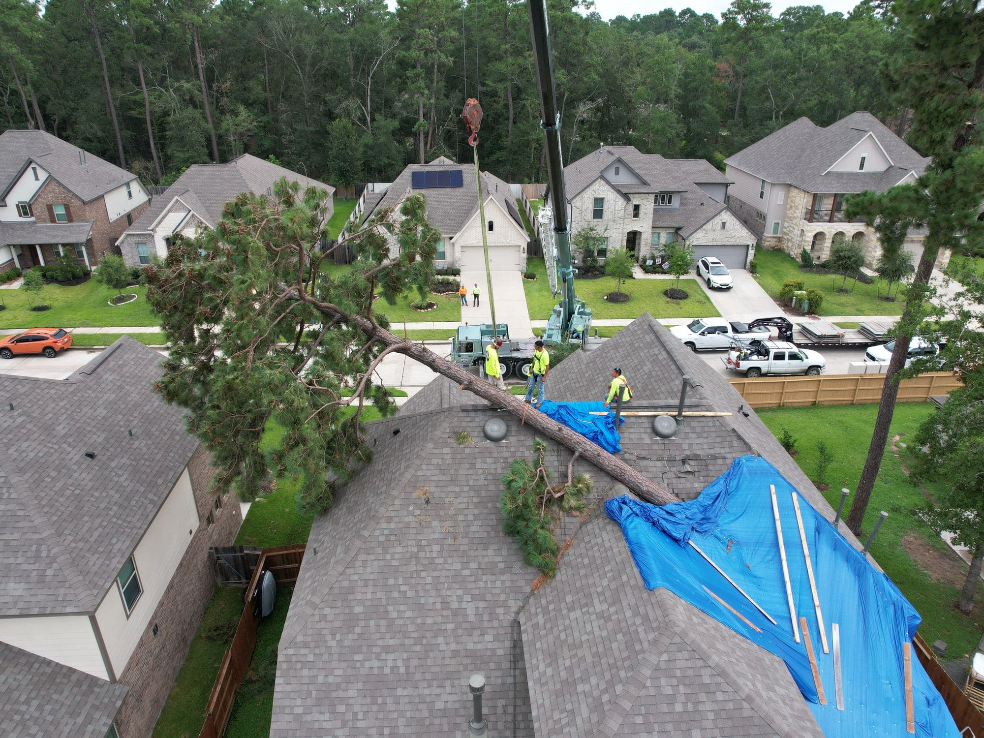 Storm-damaged roof in the Houston area tarped by True Line after a tree fell on it